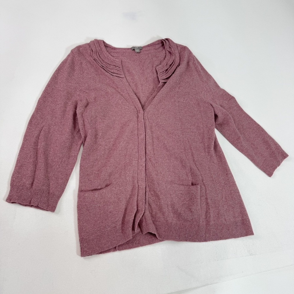 J. Jill Cardigan Sweater Womens Large Mauve Wool Silk Blend Open Front‎ Ruffle